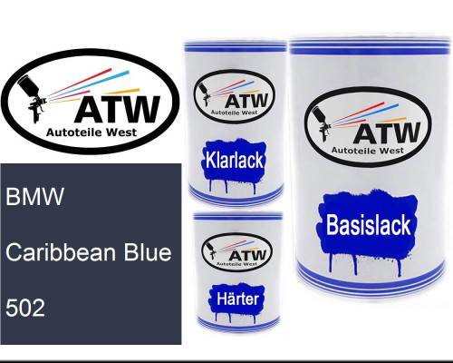 BMW, Caribbean Blue, 502: 500ml Lackdose + 500ml Klarlack + 250ml Härter - Set, von ATW Autoteile West.